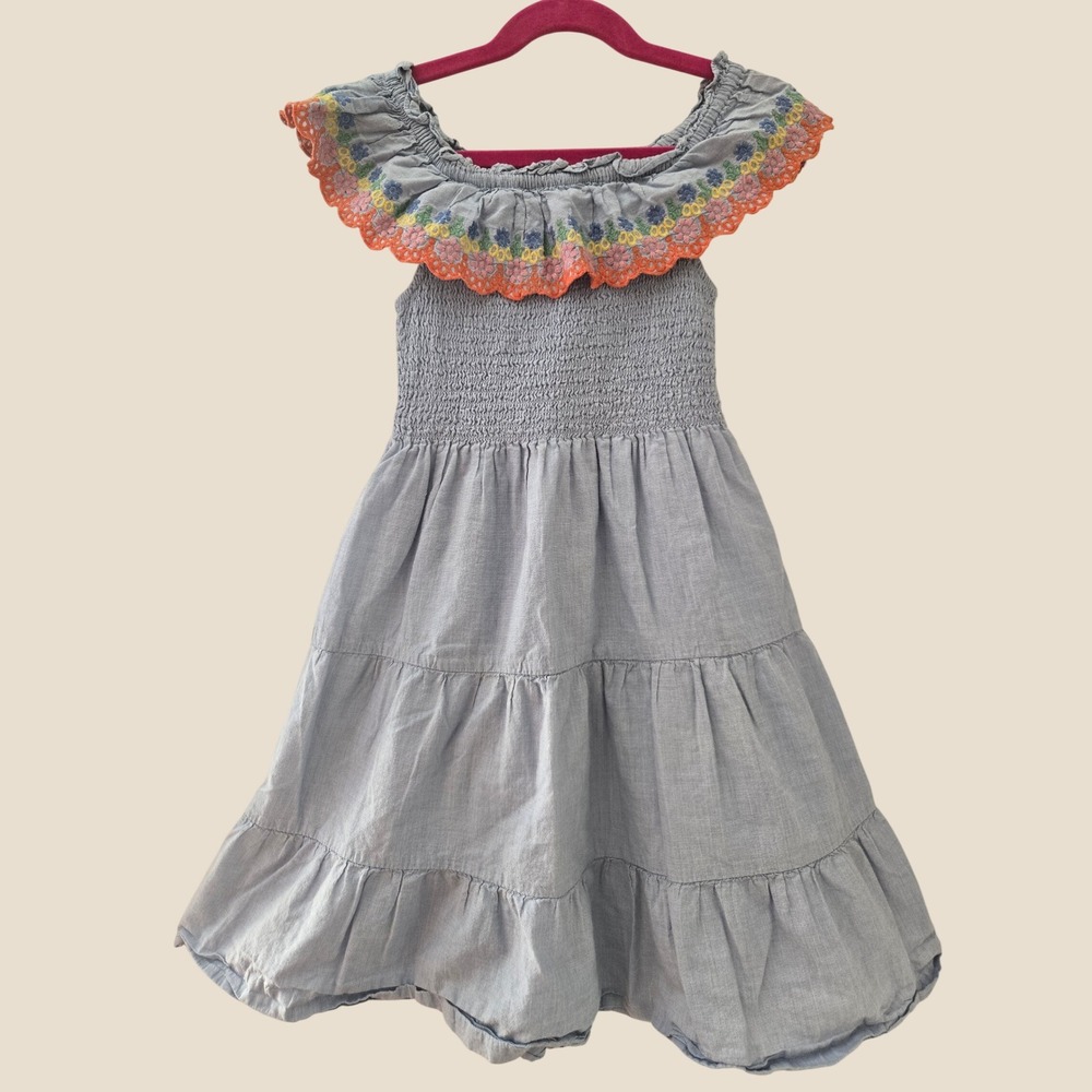 Boden Girls Blue Chambray Smocked Tiered Dress Floral Embroidered Ruffle 6-7Y